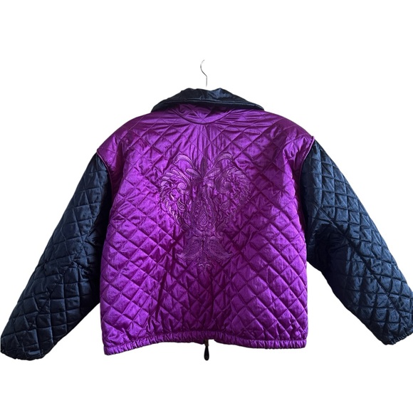 Obermeyer Retro Women’s Sz 8 Quilted Purple Navy Ski Jacket Embossed Floral Back - Picture 3 of 16